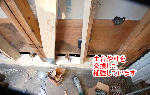 シロアリ被害修復工事 施工中 土台・柱交換補強 シロアリ被害