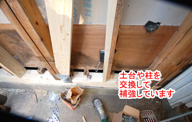 シロアリ被害修復工事 施工中 土台･柱交換補強 シロアリ被害