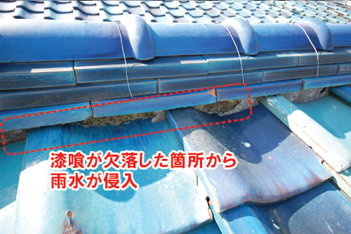 瓦屋根の漆喰欠損/雨漏りしている屋根の状態~雨漏り修理・屋根修理・屋根工事・屋根塗装・外壁塗装・防水工事なら屋根パトロール