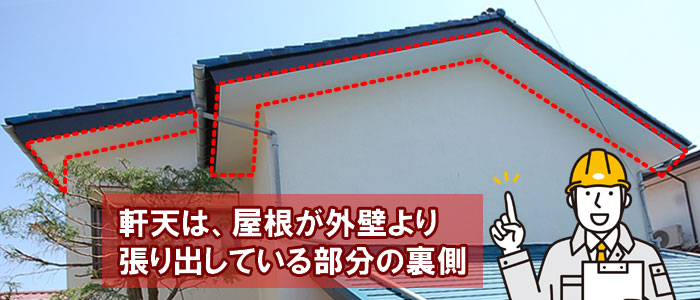「軒天（のきてん）」とは、屋根が外壁より張り出している部分の裏側、真下から見上げたときに見える天井部分のこと